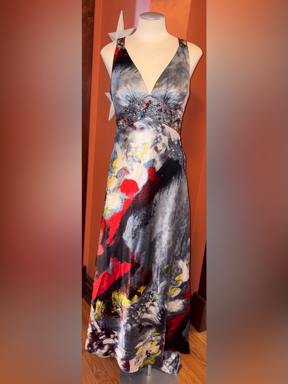 Dave and Johnny Vintage Beaded and Sequin Abstract dress with train-Open Back